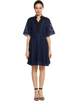 

Navy blue New Women Sexy V-Neck Half Flare Sleeve Backless Jacquard Geometric Prints Chiffon Patchwork Pleated Dress, Multicolor