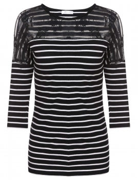 

Meaneor Black Drop-Shoulder 3"4 Sleeve Lace Striped Patchwork Tunics, Multicolor