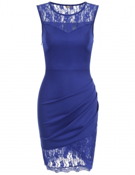 

Blue Lace Patchwork Hollow Out Bodycon O-Neck Sleeveless Ruched Tank Dress, Multicolor