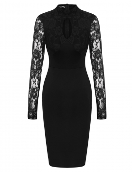 

Black Stand Collar Lace Long Sleeve Bodycon Going Out Dress, Multicolor