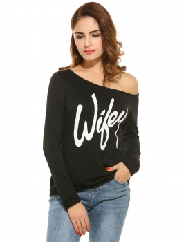 

One-Shoulder Long Sleeve O-neck Letter-Printed Slim Pullover Top, Multicolor