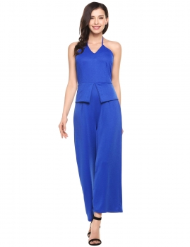 

Blue Sleeveless High Waist Solid Long Overall Wide Leg Jumpsuit, Multicolor