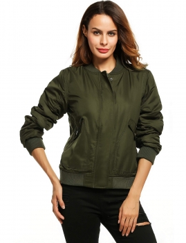 

Army green Stand Collar Zip Up Solid Short Quilted Bomber Jacket, Multicolor