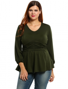 

Army green Plus Size V-Neck Long Lantern Sleeve Solid Casual Tops, Multicolor