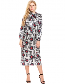 

White Long Sleeve Print Bow Tie Loose Maxi Dress, Multicolor