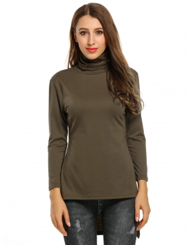 

Zeagoo Army green Turtleneck Long Sleeve Side Slit Asymmetrical High-Low Hem Casual Tops, Multicolor