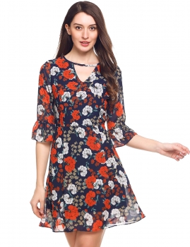 

Navy blue V-Neck Three Quarter Flare Sleeve Tunic Prints A-Line Casual Dress with Lining, Multicolor