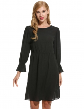 

Black O-Neck Flare Sleeve Elastic Waist Solid Casual Dress, Multicolor