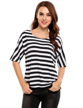 

Black Batwing Sleeve Striped O-Neck Loose Elastic T-Shirt, Multicolor