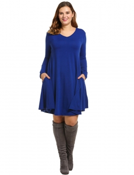 

Blue Women Long Sleeve V Neck Solid Loose Pocket Pullover T-Shirt Casual Dresses, Multicolor