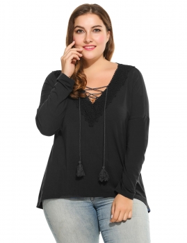 

Drawstring Cotton Plus Sizes Long Sleeve V-Neck Lace Solid Loose Pullover Top, Multicolor