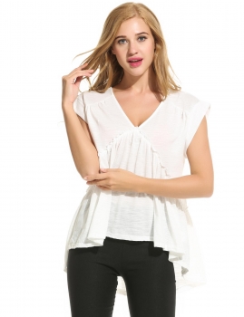 

White Sleeveless V Neck Solid Loose Pleated Hem Pullover Shirts & Blouses, Multicolor