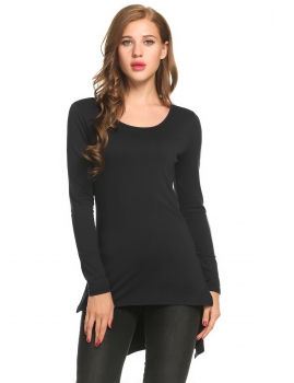 

Side Slit Long Low Hem Long Sleeve High Low Hem Slim Solid Tunic, Multicolor