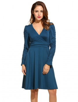 

Blue Women Fashion Cross Front V-Neck Long Sleeve High Waist Solid A-Line Swing Short Casual Dresses, Multicolor