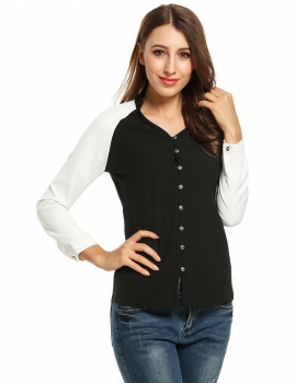 

Zeagoo Black V-Neck Long Sleeve Patchwork Button Down Shirts & Blouses, Multicolor