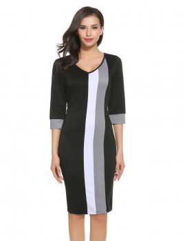

Women Casual V-Neck 3"4 Sleeve Patchwork Zipper Bodycon Slim Dress, Multicolor