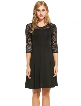 

New Women Casual O-Neck Three Quarter Sleeve Lace Patchwork Hollow Out Pleated Dress, Multicolor
