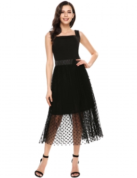 

Black Mesh Patchwork Square Neck Vintage Maxi Dress, Multicolor