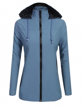 

Blue Hooded Long Sleeve Contrast Color Patchwork Waterproof Loose Zipper Jacket, Multicolor