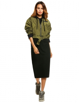 

Army green Long Sleeve Solid Zip-up Short Bomber Jacket, Multicolor