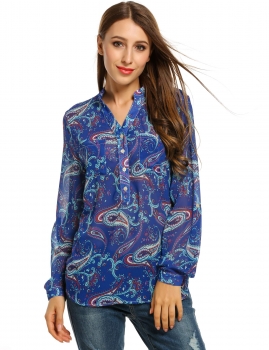 

Blue V-Neck Long Sleeve Half Button Print Chiffon Loose Blouse With Pockets, Multicolor