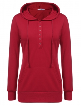 

Meaneor Red V Neck Solid Pullover Hooded Half Button With Pockets Hoodies & Sweatshirts, Multicolor