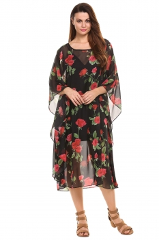 

Black O-Neck 3"4 Batwing Sleeve Floral Print Plus Loose Dress with Belt, Multicolor