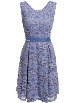 

Blue New Women Vintage Styles O-Neck Sleeveless Tunic Tank Lace Dress with Lining, Multicolor