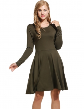 

Army green New Women O-Neck Long Sleeve Solid Pleated Casual Dresses, Multicolor