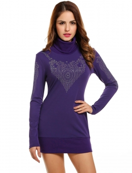 

Purple Sparkle Glitzy Turtleneck Long Sleeve Pencil Dress, Multicolor