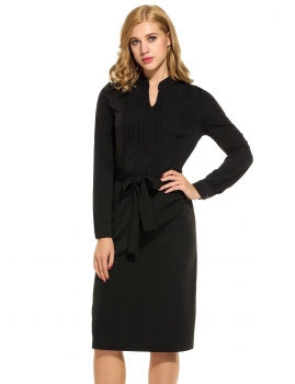 

Black Women Notch Neck Long Sleeve Front Solid Midi Dress With Belt, Multicolor