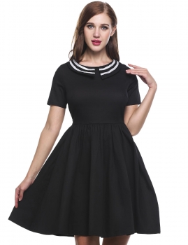 

Black Short Sleeve Patchwork Doll Collar Vintage Retro Dinner Casual Dress, Multicolor