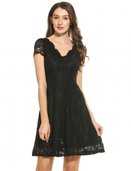 

Women Casual Short Sleeve Floral Lace V Neck Swing Dress, Multicolor