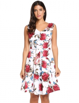 

White Sleeveless Print V Neck Knee Length Vintage Stretchy Swing Casual Dress, Multicolor