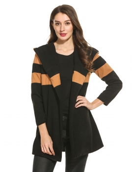 

Hooded Long Sleeve Patchwork Pocket Open Front Long Coat, Multicolor