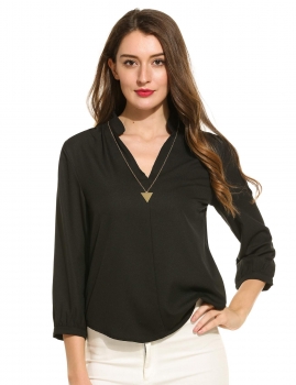 

V-Neck Pleated Three Quarter Sleeve Solid Chiffon Blouses, Multicolor