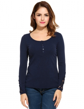 

Dark blue O-Neck Long Sleeve Solid Lace T-Shirts, Multicolor