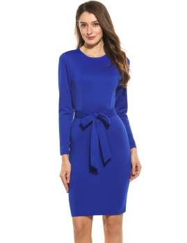 

Women Casual Long Sleeve Solid O Neck Belt Tunic Straight Dress, Multicolor