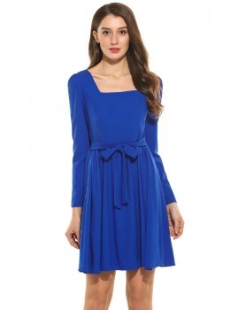 

Blue Women Casual Long Sleeve Solid Square Neck Belt Evening Dress, Multicolor