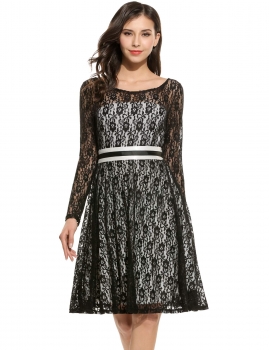 

Black Long Sleeve Floral O Neck Back Deep V Lace Belted Party Dress, Multicolor