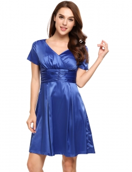 

Blue Short Sleeve Ruched Satin Solid Party Dress, Multicolor