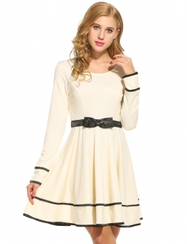 

New Women Vintage Styles O-Neck Long Sleeve Contrast Color Pleated Dress with False Bow Waist Belt, Multicolor