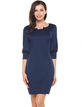 

Blue Asymmetrical Collar Three Quarter Lantern Sleeve Solid Work Pencil Dress, Multicolor