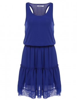 

Blue Women Sleeveless Lace Chiffon Casual Slim Fit Layered Dress, Multicolor