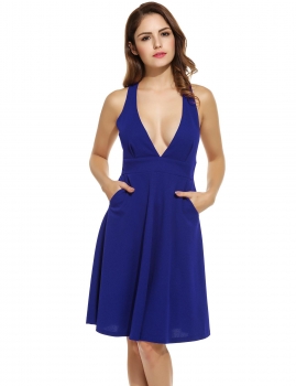 

Blue Women Sexy V-Neck Sleeveless Tunic Solid A-Line Pleated Tank Going Out Dresses, Multicolor