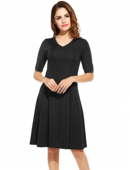 

New Women Sexy V-Neck Half Sleeve Tunic Solid Pleated Elastic Dress, Multicolor