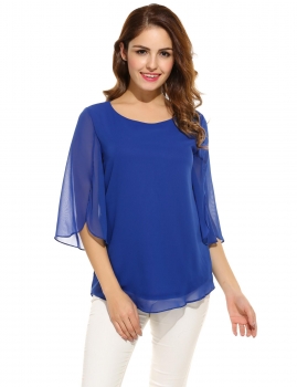 

Blue 3"4 Slit Sleeve Pullover Loose Chiffon Blouse, Multicolor