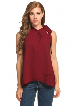 

Black Irregular Hem Sleeveless O-Neck Solid Loose Chiffon Tank Top, Multicolor