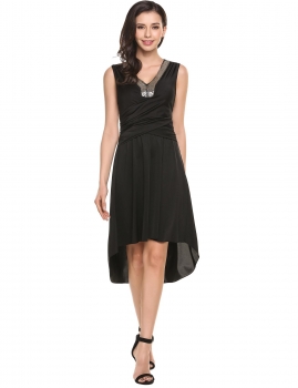 

Black Beaded V-Neck Sleeveless Cross Draped High Low Hem Party Dress, Multicolor