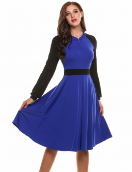 

Blue Stand Collar Long Sleeve Patchwork Casual Swing Dress, Multicolor